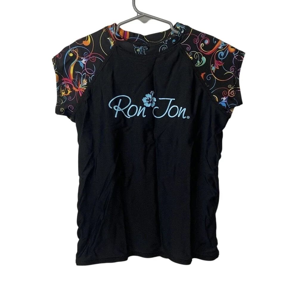 Ron Jon Surf Shop Girls Rash Guard‎ Black Floral Cap Sleeve Swim Top Size 8